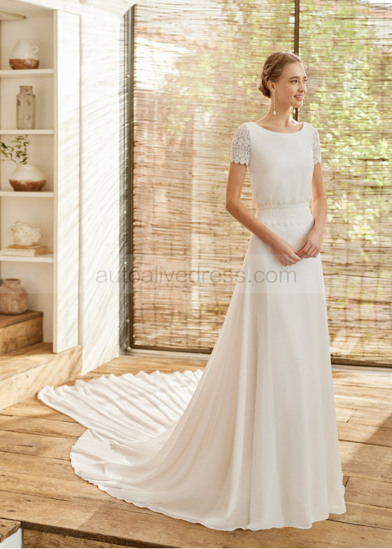 Cap Sleeves Ivory Lace Chiffon Wedding Dress With Detachable Train